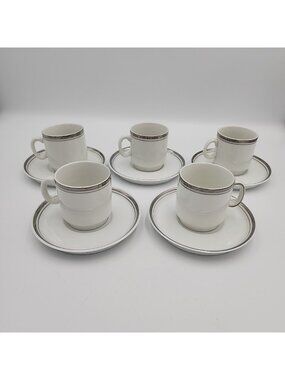 Vintage Unbranded Bone China Porcelain Teacup Saucer White Silver Rim 5 Set